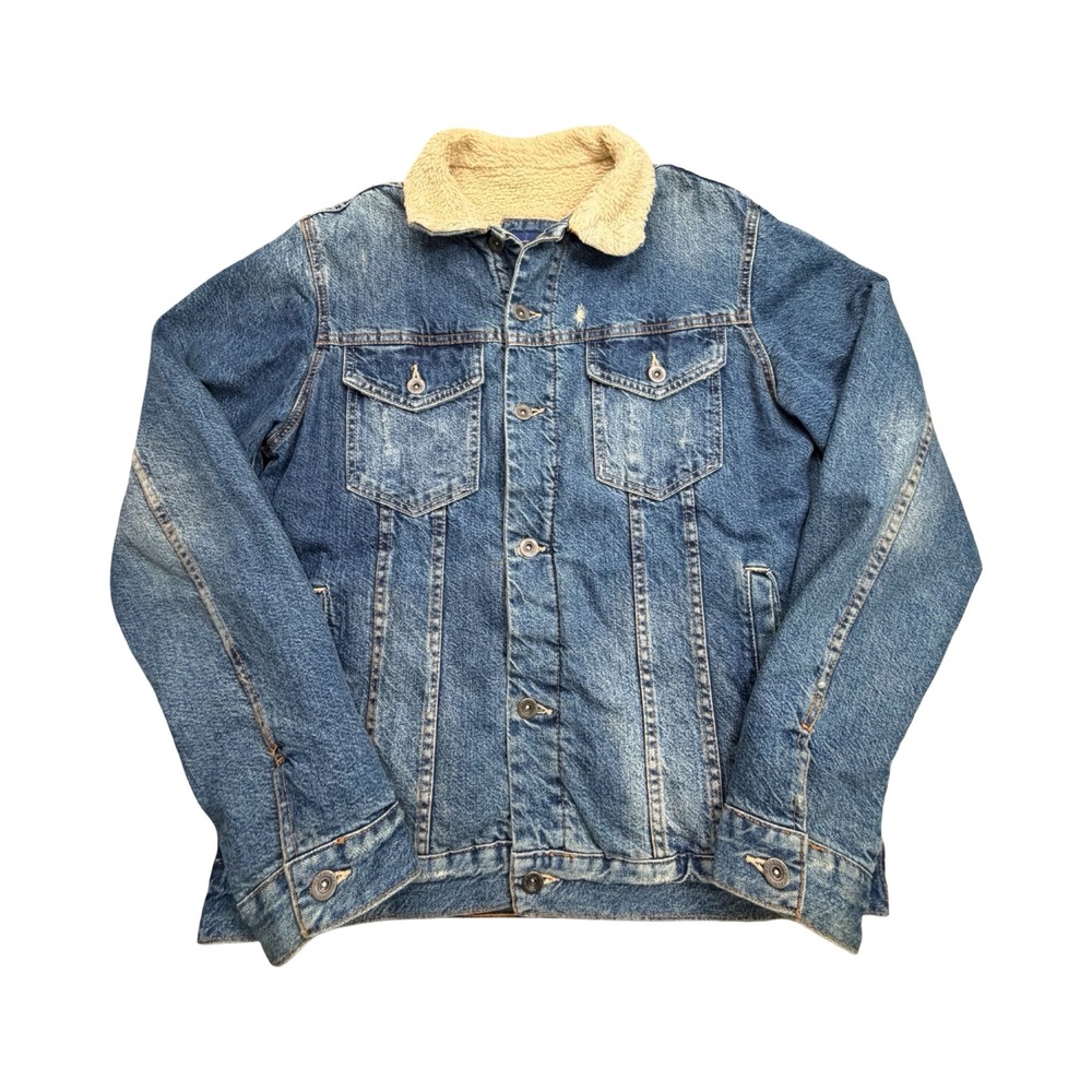 Zara Denim Jacket Mens XL Blue Distressed Sherpa Lined Trucker Cotton Workwear